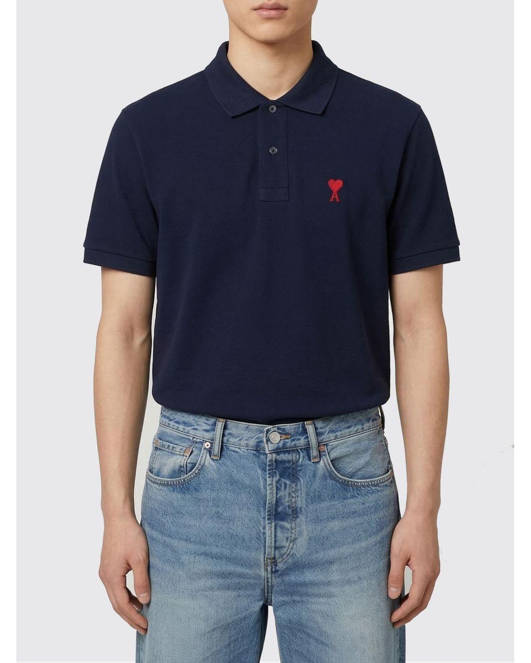 AMI Blue Logo Cotton Polo Shirt for men
