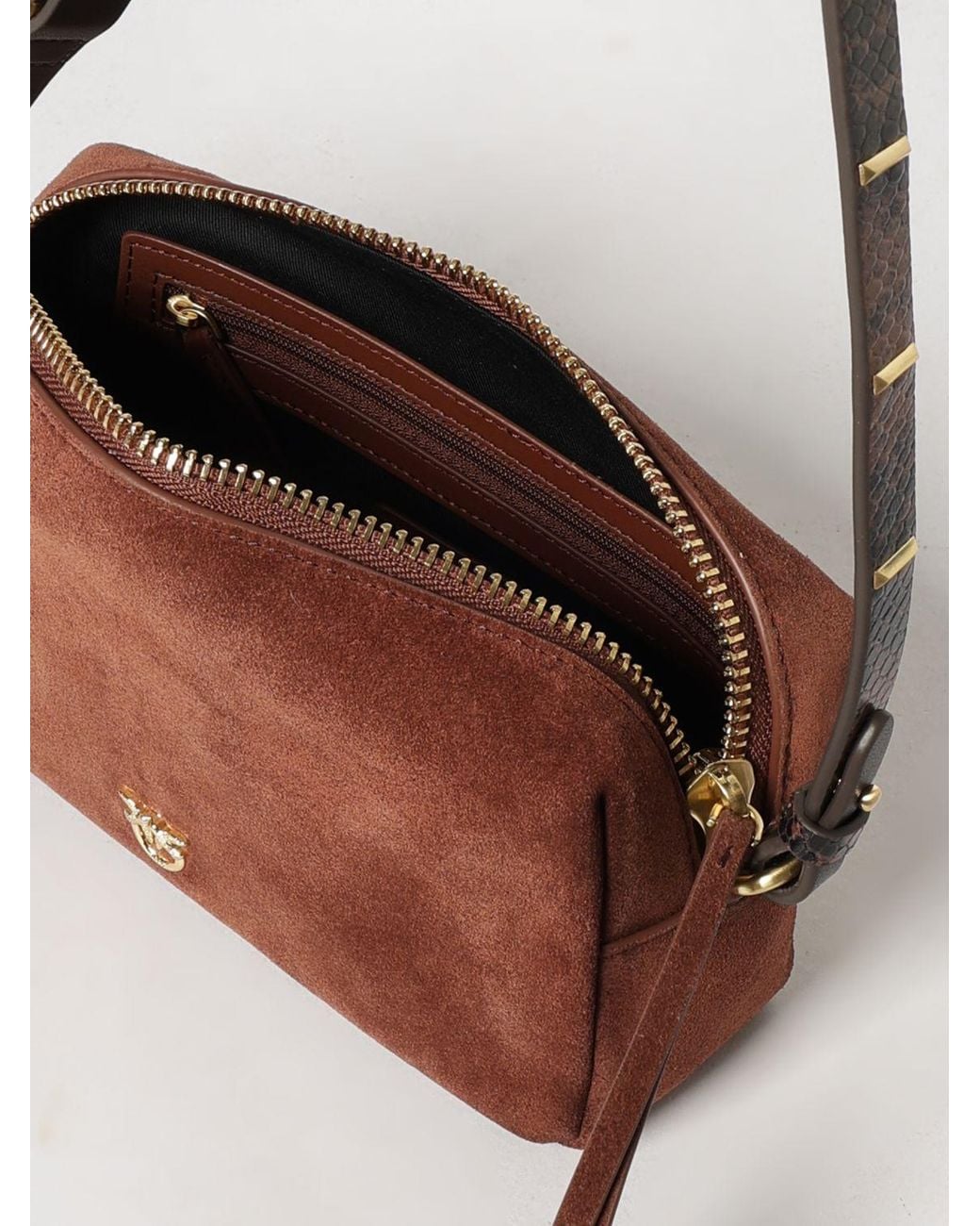 Pinko Brown Boston Suede Mini Shoulder Bag With Love Birds Logo
