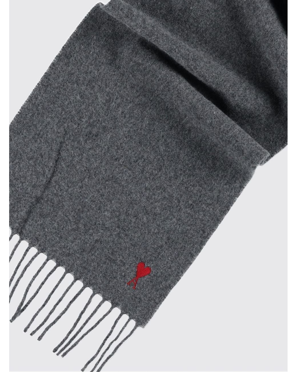 AMI Gray Wool Scarf With Embroidered Logo And Fringed Edges