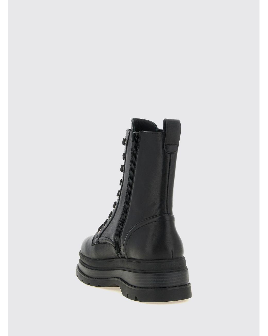 Pinko Black Eva Leather Combat Boots With Love Birds Logo And Lug Sole