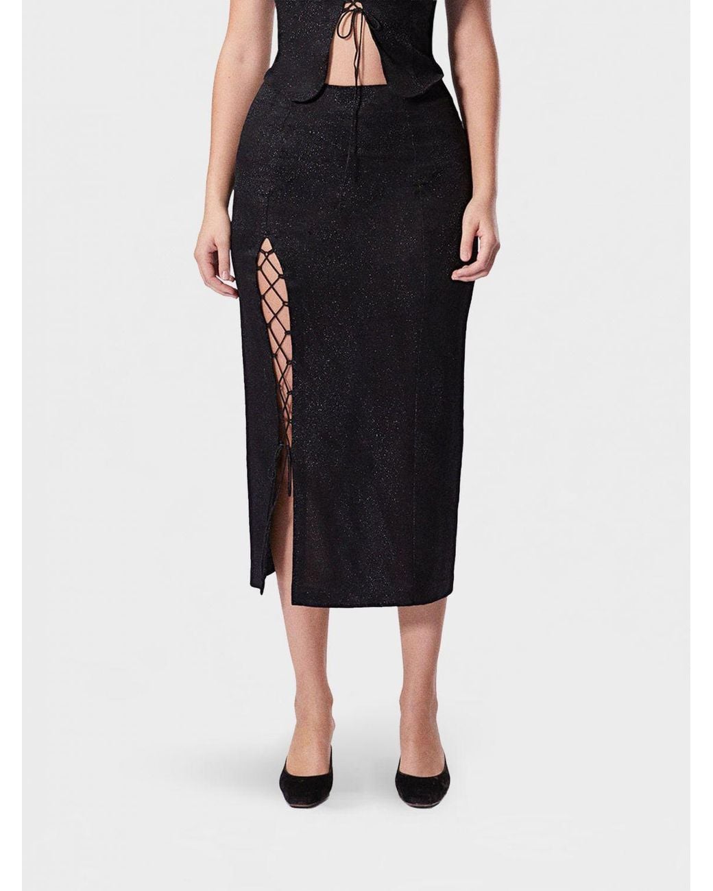 MACCAPANI Black Glitter Cotton Blend Pencil Skirt