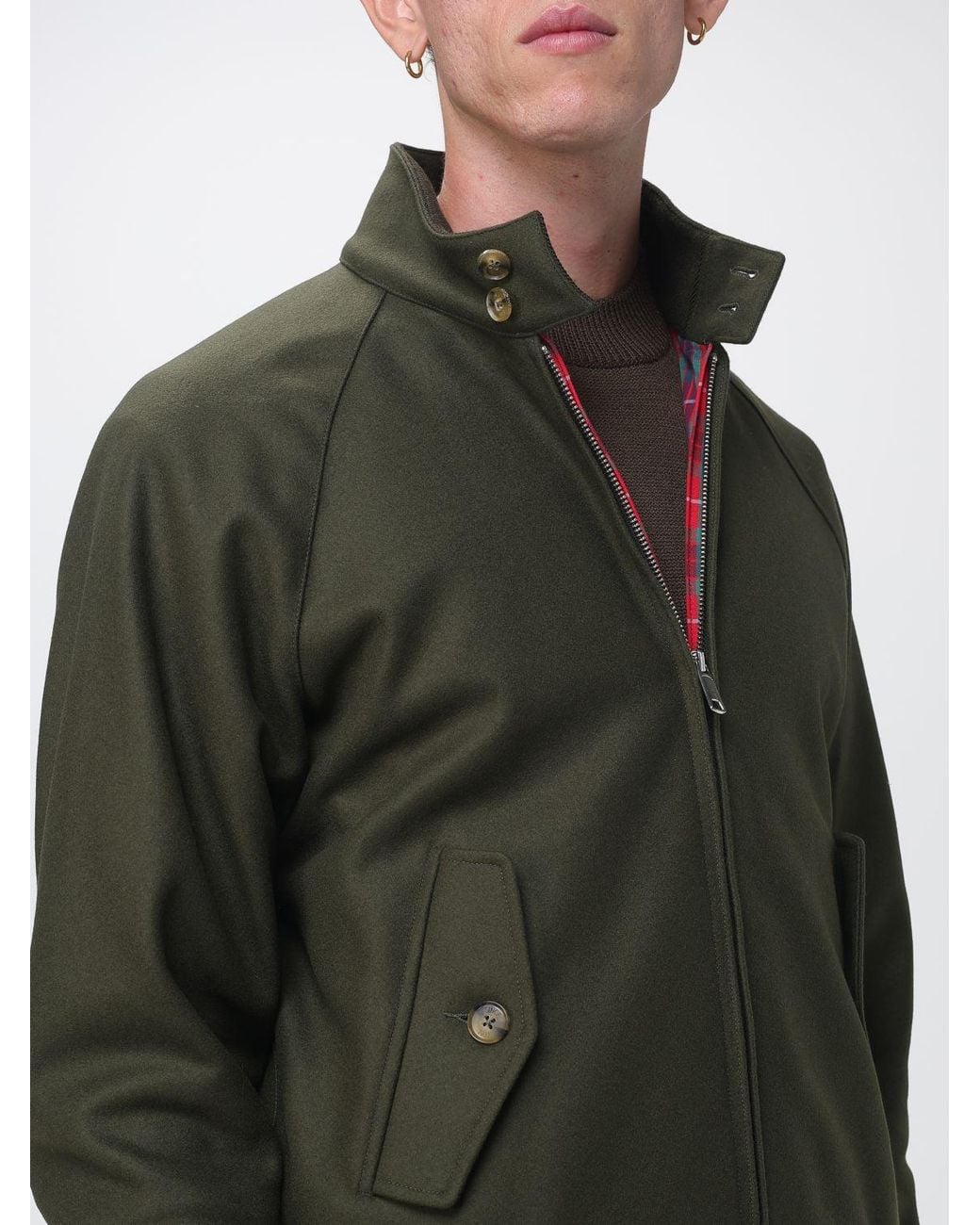 Baracuta Green G9 Melton Wool Blend Bomber Jacket With High Collar And Check Lining for men