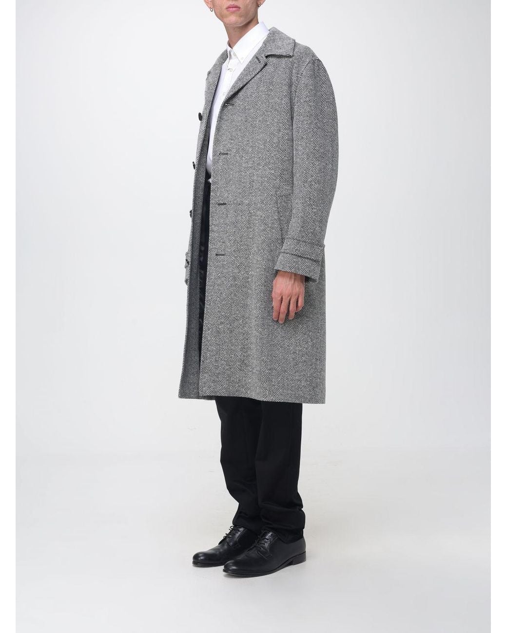 Lardini Gray Single-Breasted Long Wool Blend Chevron Coat With Belt for men