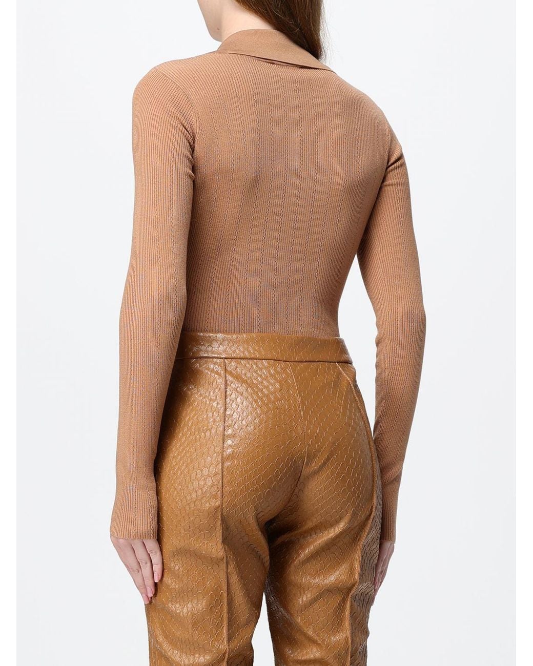 Elisabetta Franchi Natural Slim Fit Long-Sleeved V-Neck Bodysuit With Ruffles