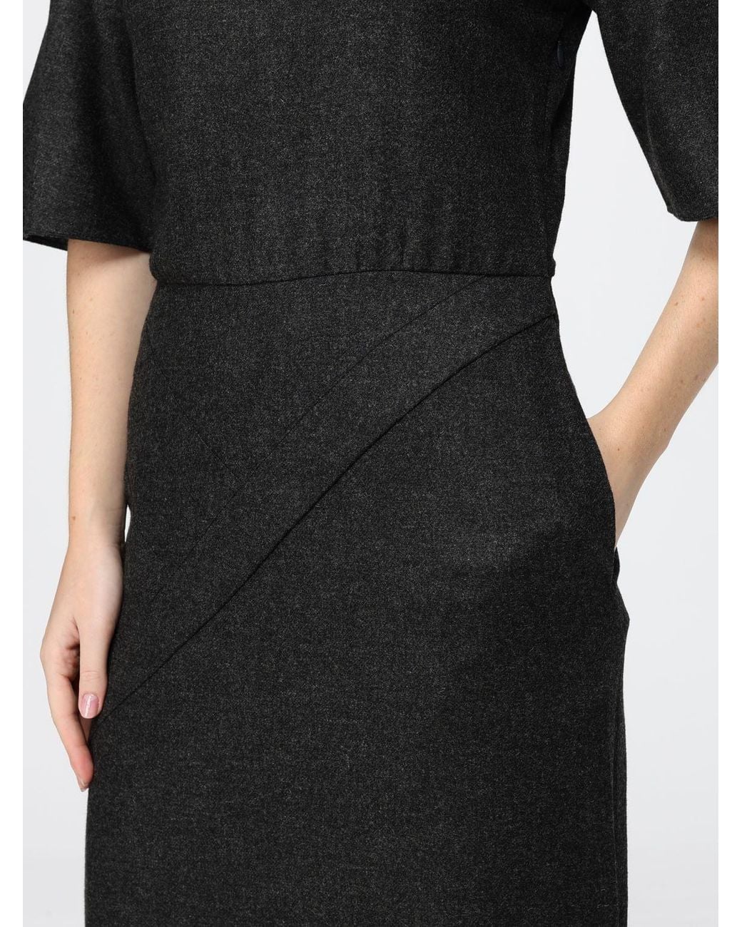 Crida Milano Black Beatrice Asymmetric Hem Wool Flannel Midi Dress With Short Sleeves