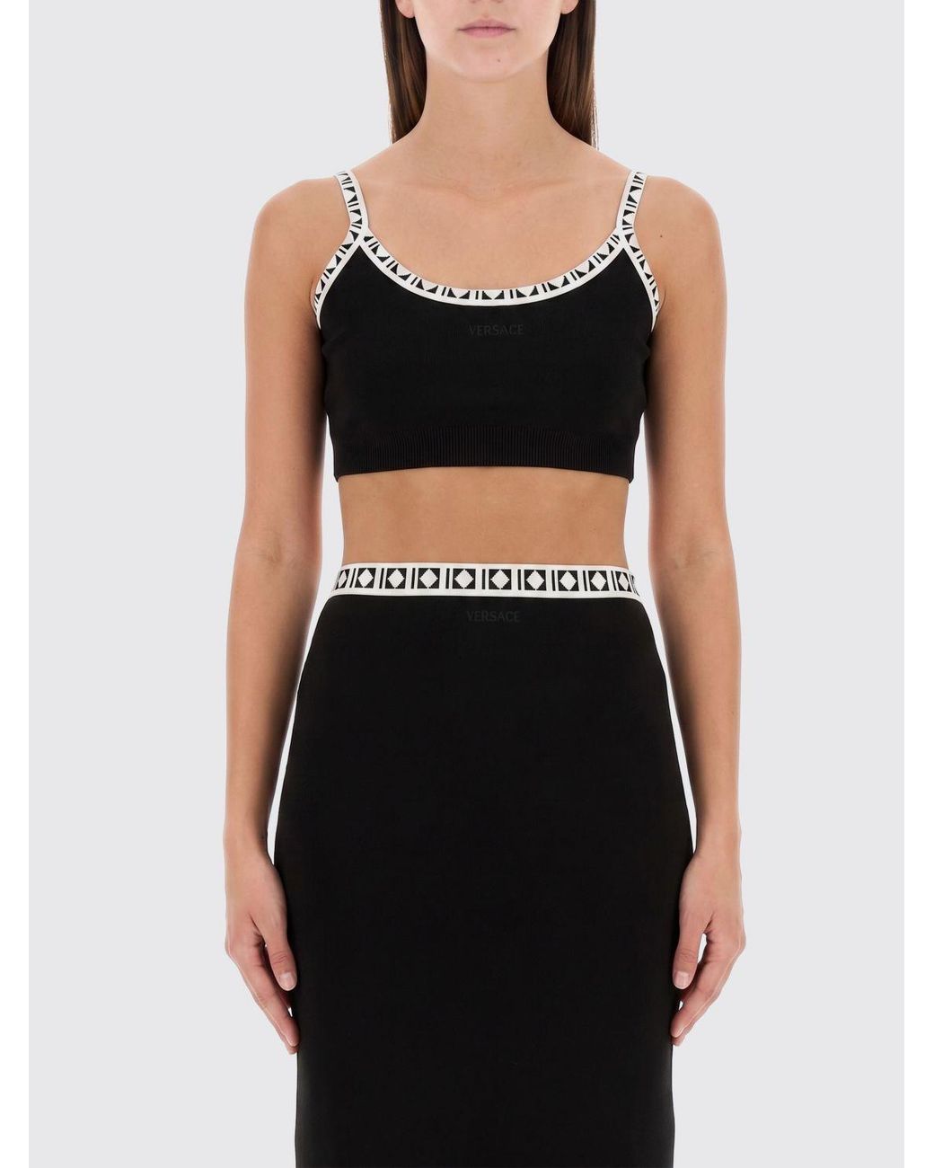 Versace Black Cropped Stretch-Cotton Top With Thin Straps And Contrast Trims