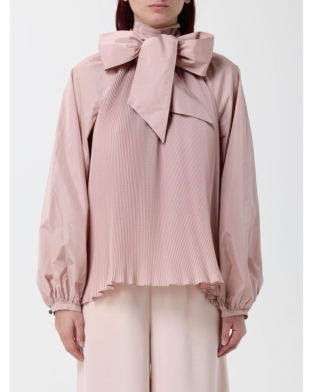 Max Mara Pink Pleated Silk-Blend Blouse With Scarf-Neck And Long Sleeves