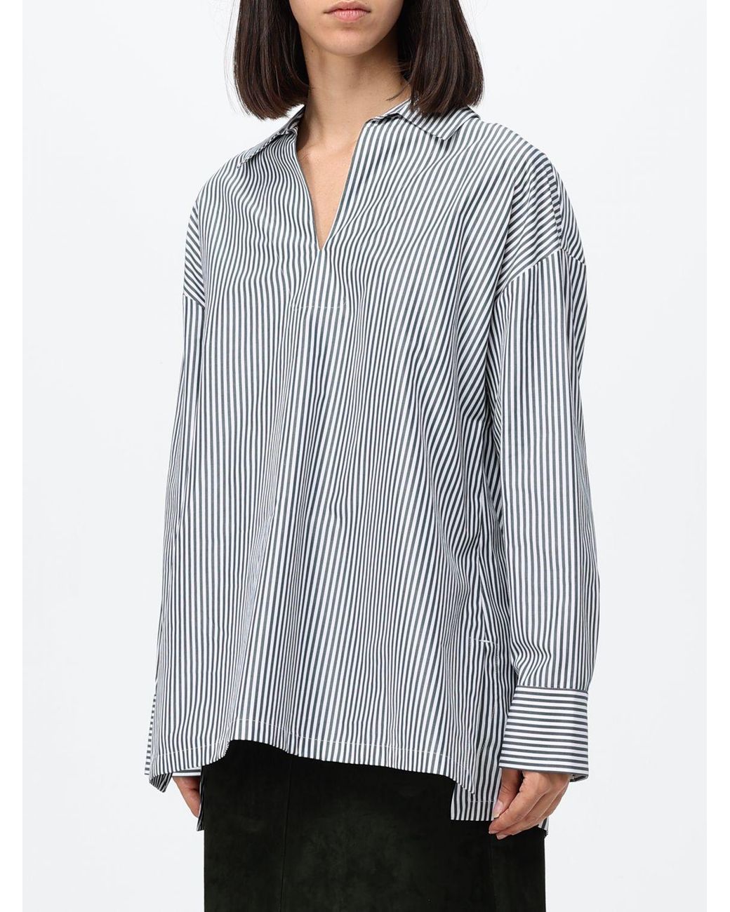 Max Mara Gray Striped Cotton V-Neck Relaxed Fit Blouse