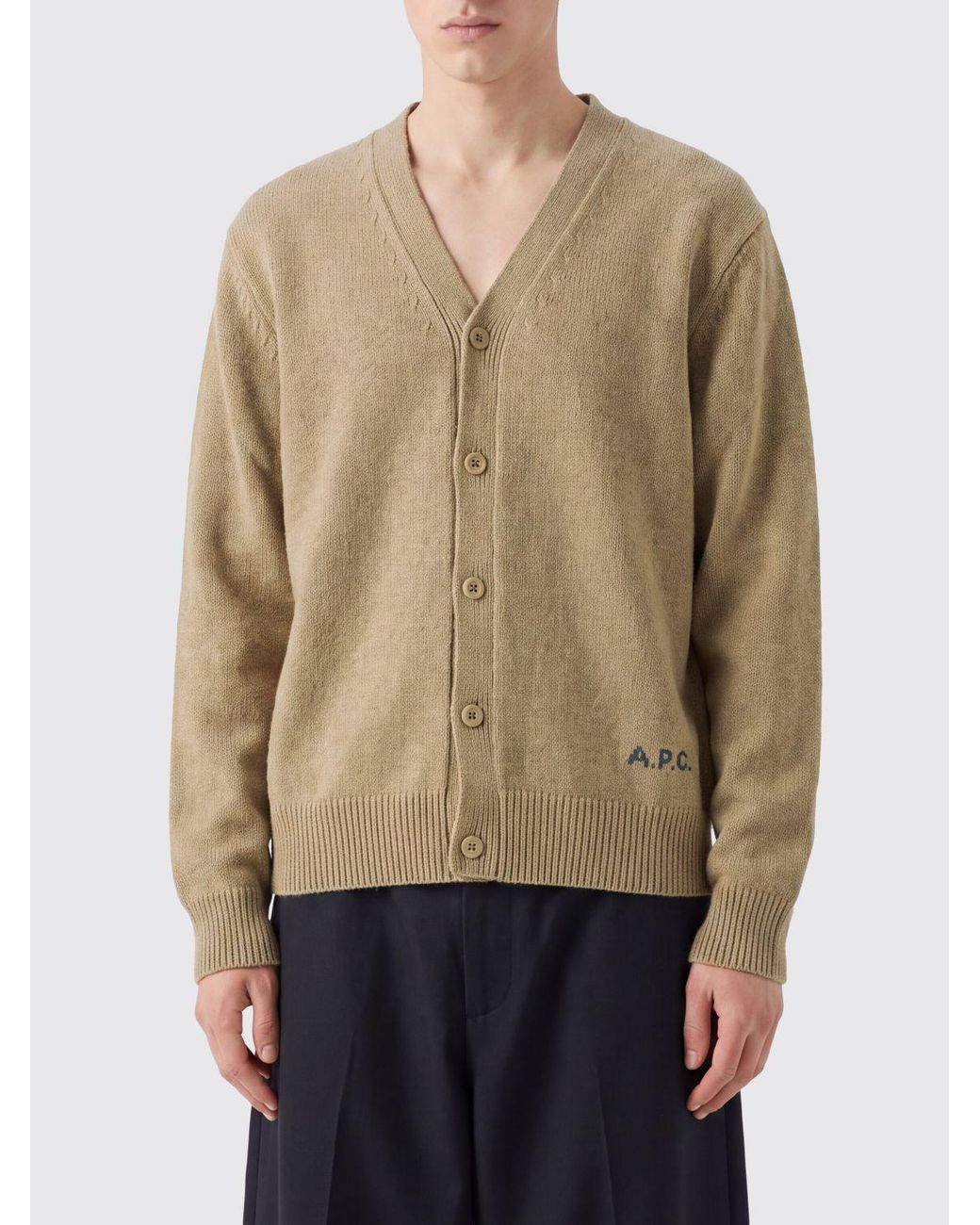 A.P.C. Natural V-Neck Pure Wool Cardigan With Contrast Logo for men