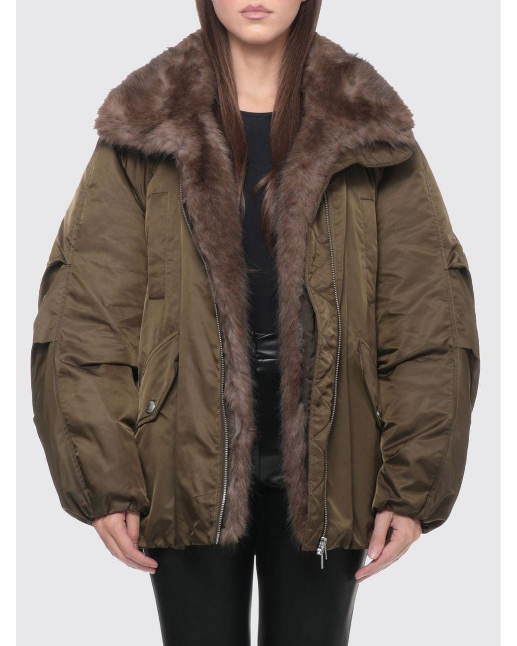 Stand Studio Brown Oversized Padded Nylon Bomber Jacket With Funnel Neck