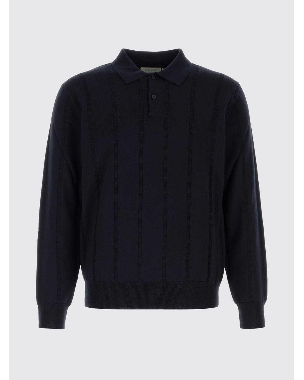 Canali Blue Long-Sleeved Virgin Wool Knit Polo With A Two-Button Placket for men