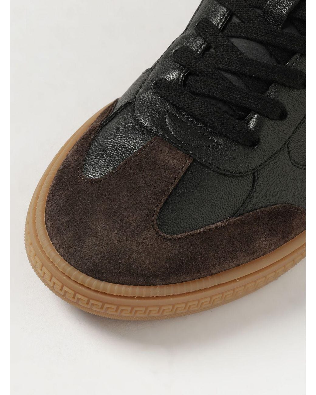 Versace Black Greca Court Bicolour Leather And Suede Low-Top Trainers With Laminated Logo for men