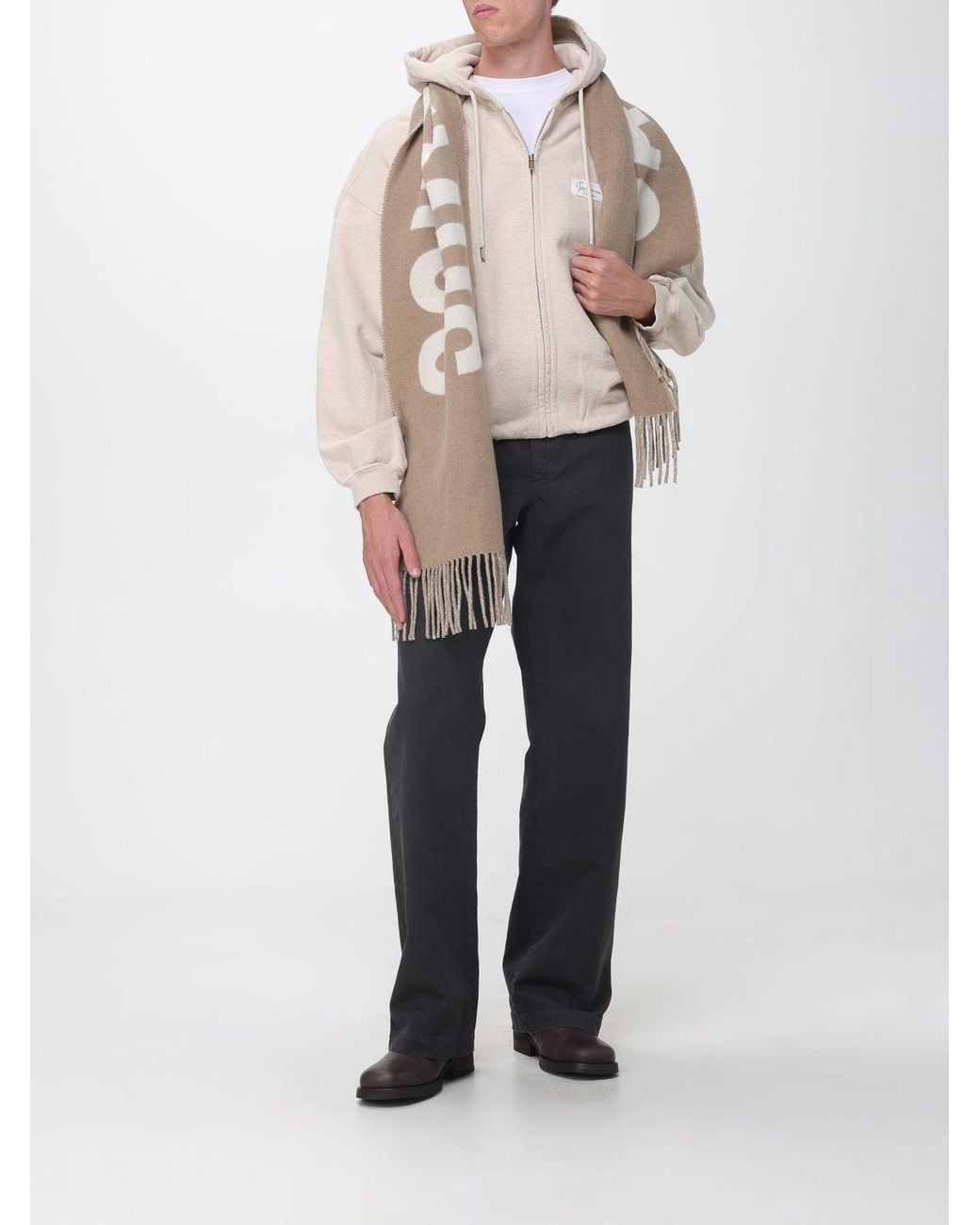 Jacquemus Natural Virgin Wool Scarf With Lettering Logo And Fringed Edges for men