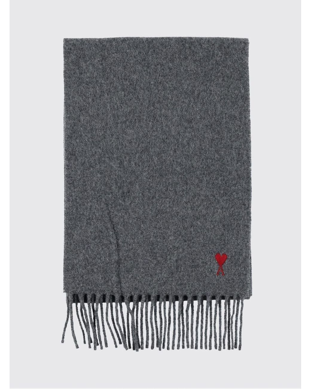 AMI Gray Wool Scarf With Embroidered Logo And Fringed Edges