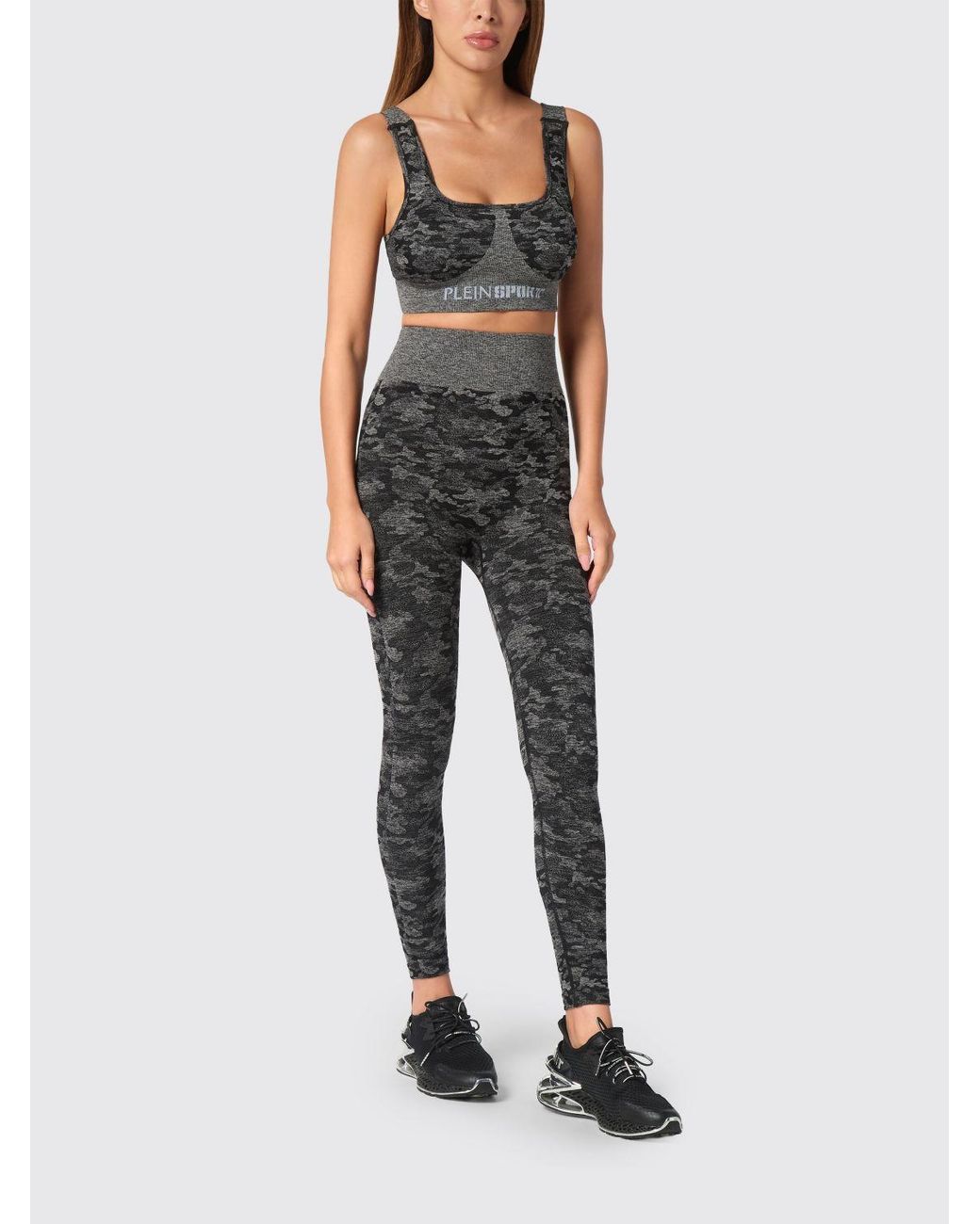 Philipp Plein Black Camouflage Print Cropped Jersey Sports Top With Thin Straps