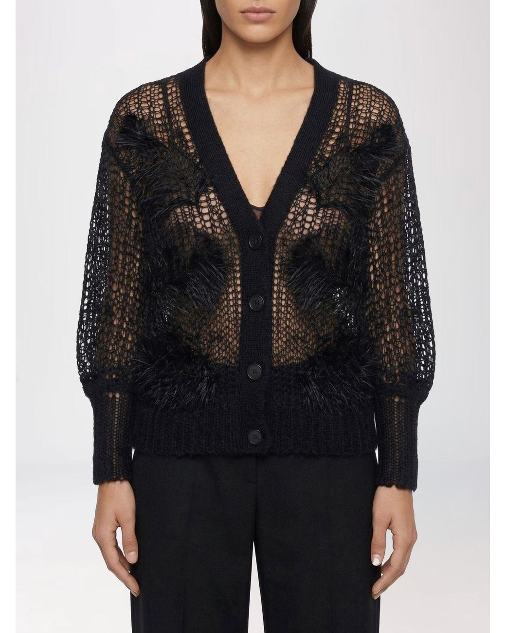 The Attico Black Openwork Wool Blend Cardigan With Feathers