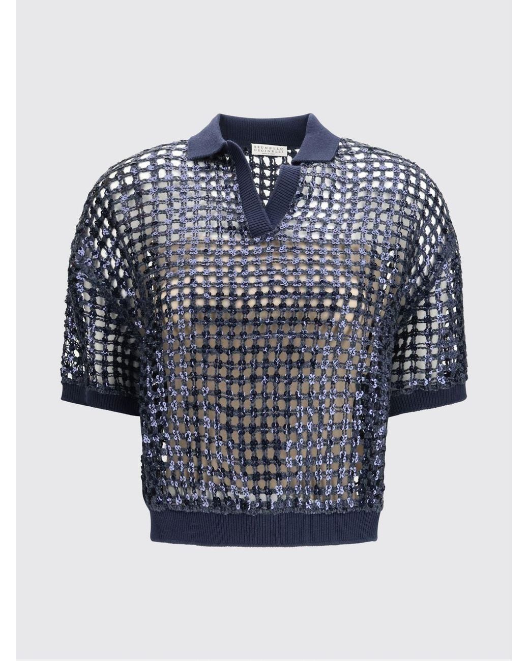 Brunello Cucinelli Blue Silk And Linen Polo Shirt With Sequins