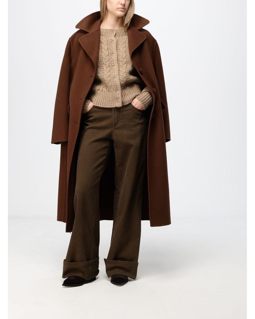 Ermanno Scervino Brown Single-Breasted Long Wool Coat With Waist Belt