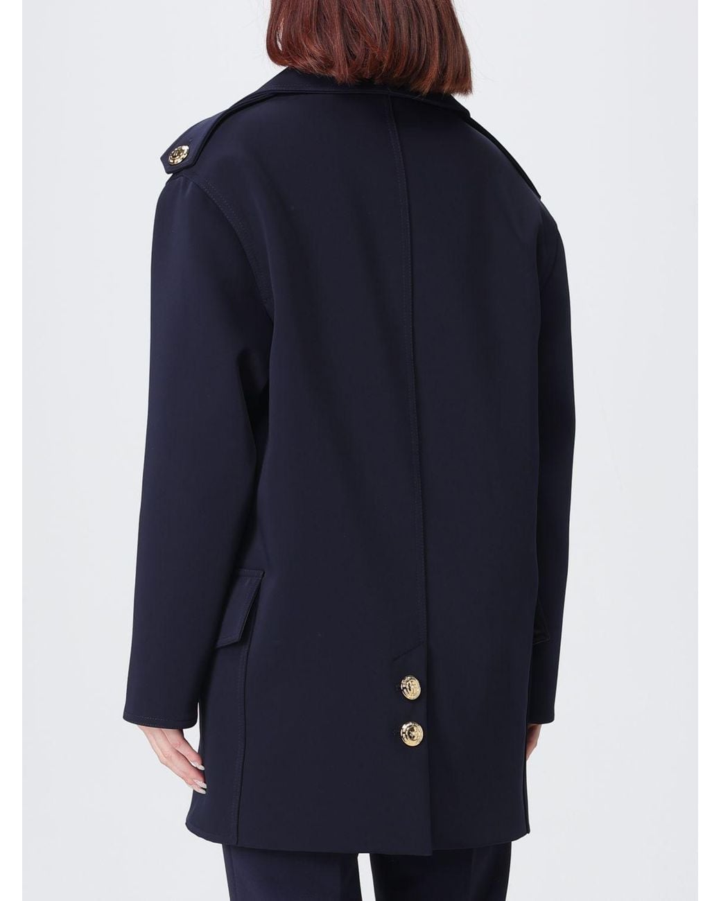 Elisabetta Franchi Blue Knee-Length Double-Breasted Scuba Coat With Metallic Buttons