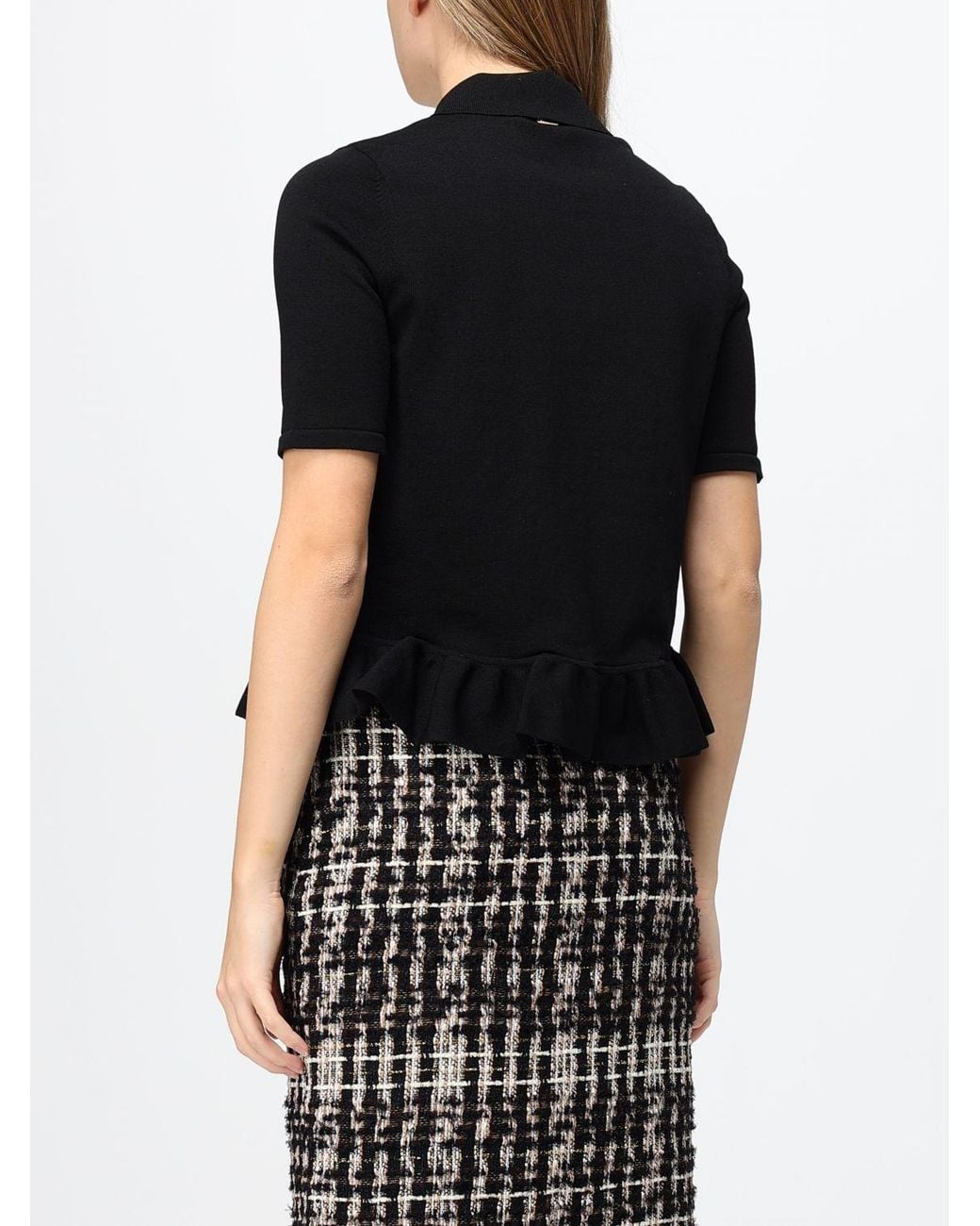 Twinset Black Slim Fit Short-Sleeved Knit Polo Shirt With Ruffled Hem And Heart