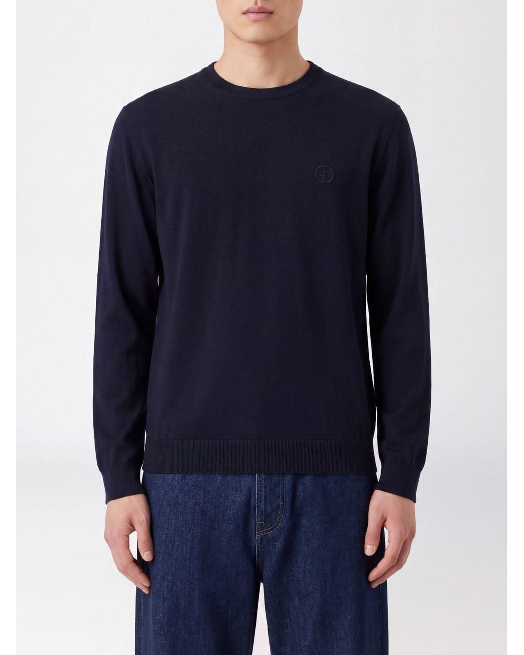 Giorgio Armani Blue Virgin Wool Crewneck Jumper With Embroidered Monogram for men