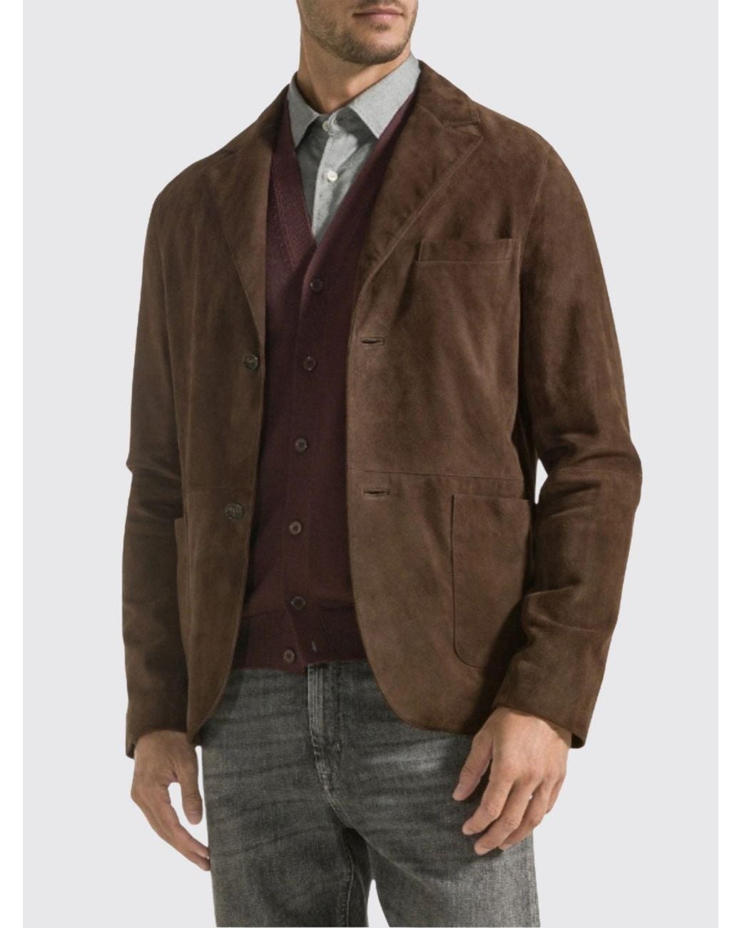 Seventy Brown Single-Breasted Suede Leather Blazer With Notch Lapels And Patch Pockets for men