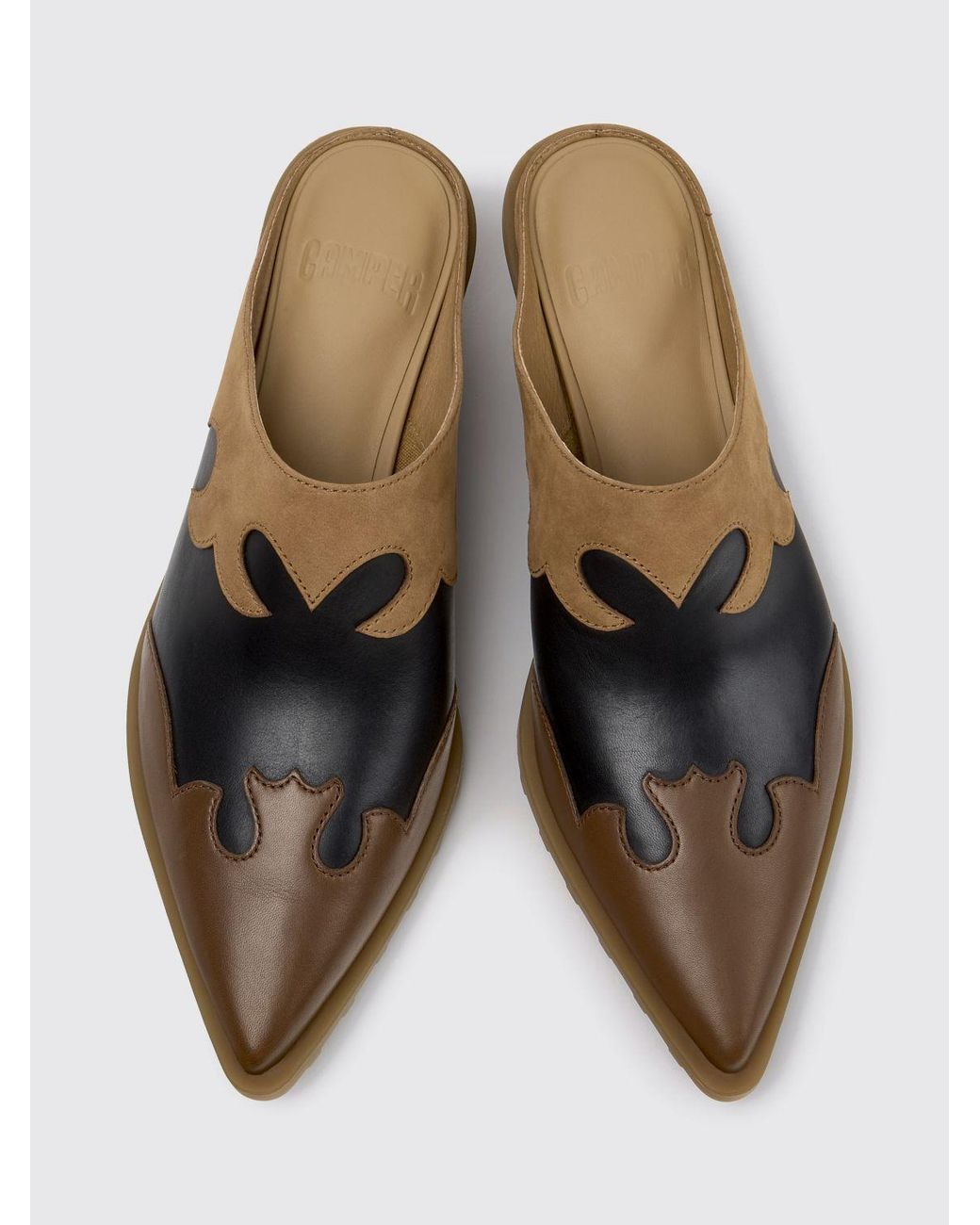Camper Brown Anita Smooth Calfskin Mules With Low Flared Heel