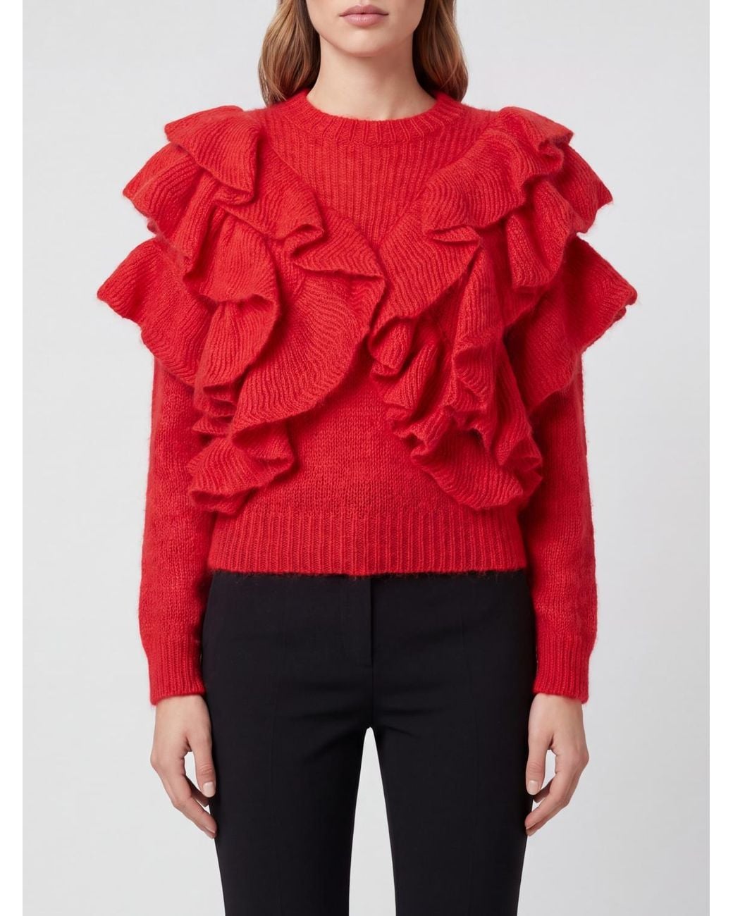 Elisabetta Franchi Red Ruffle-Detail Mohair Blend Crew Neck Jumper