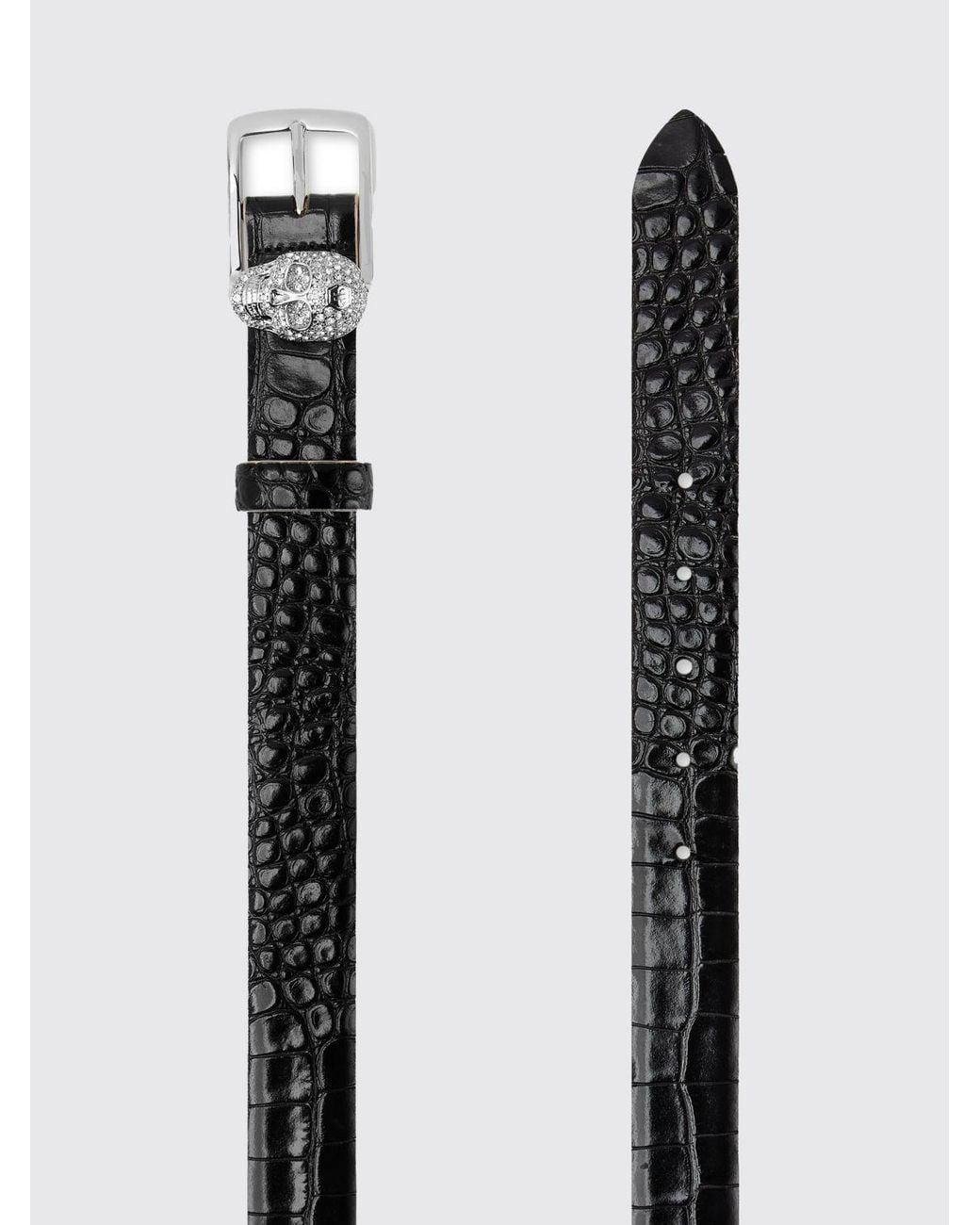 Philipp Plein Black Crocodile Print Leather Belt With Skull And Rhinestones