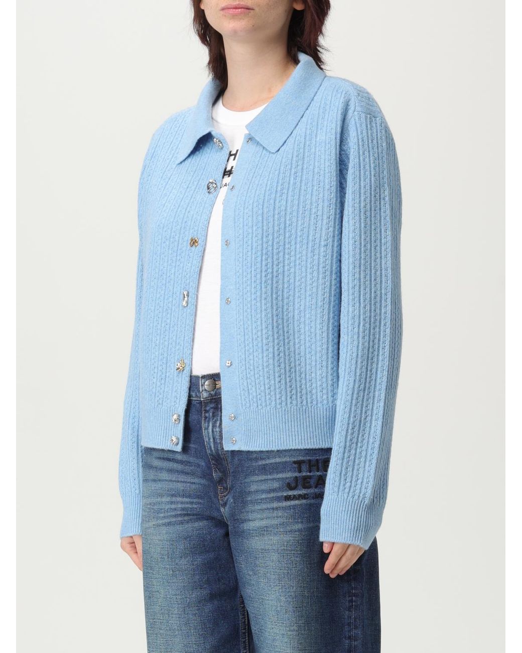 Marc Jacobs Blue Collared Cardigan With Jewel Buttons Long Sleeves And Ribbed Knit Detail