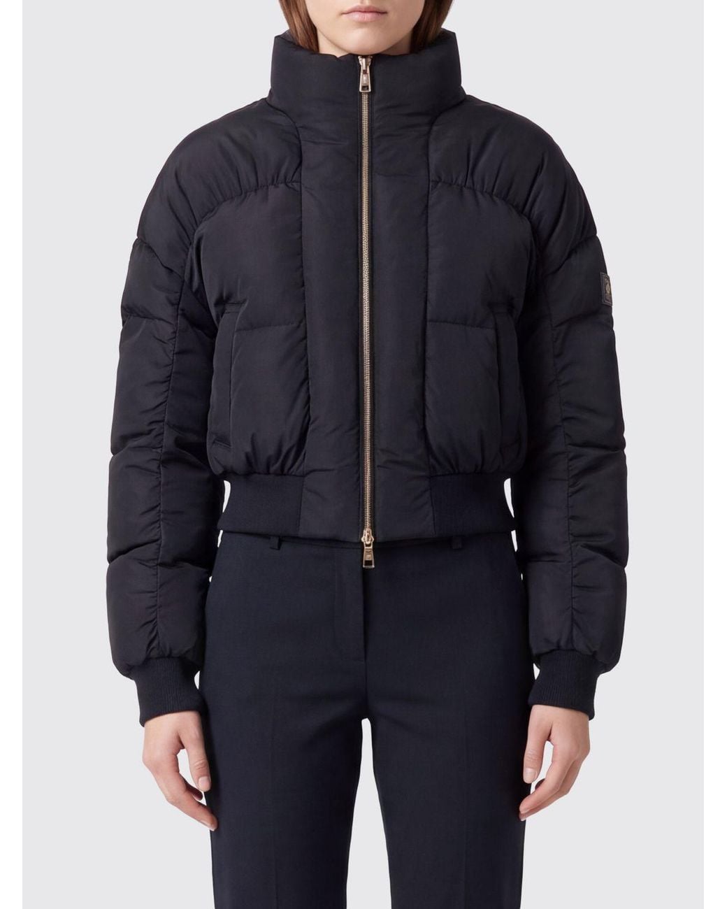 Elisabetta Franchi Blue Quilted Cropped Puffer Jacket With High Neck And Contrast Logo