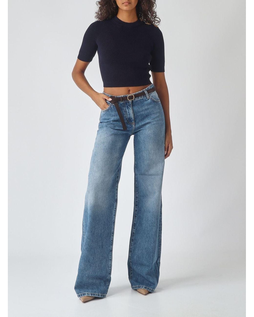 Elisabetta Franchi Blue Cropped Ribbed Viscose Top With Metal Eyelets