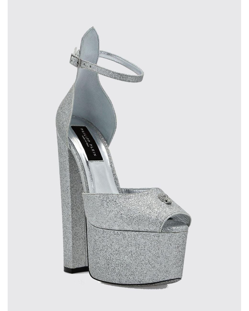 Philipp Plein Gray Glitter Leather Platform Sandals With High Heel And Skull