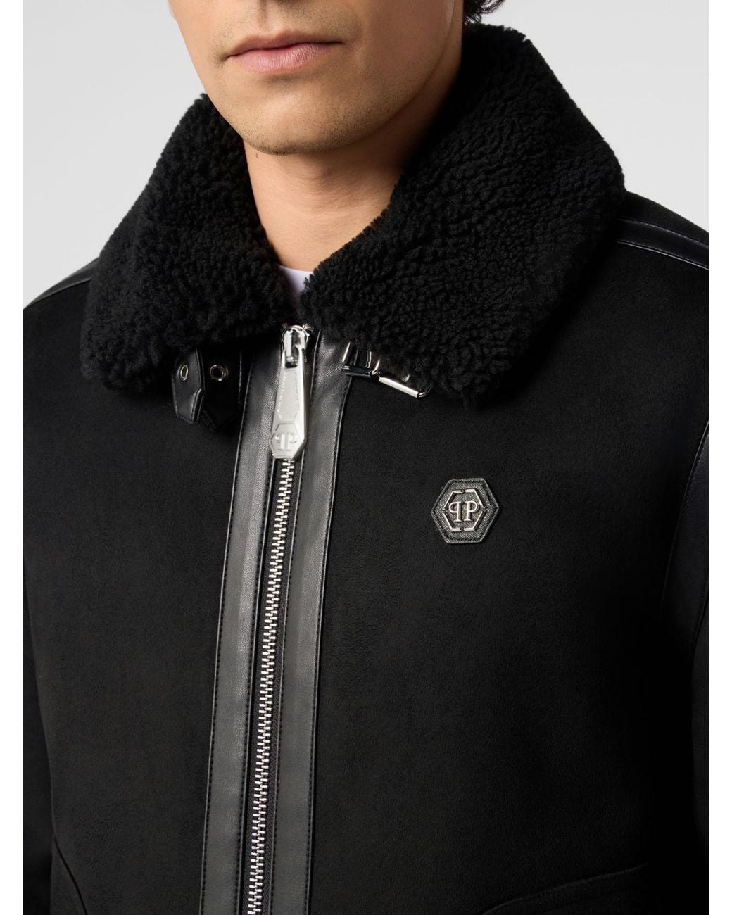 Philipp Plein Black Faux Suede Jacket With Fur Collar for men