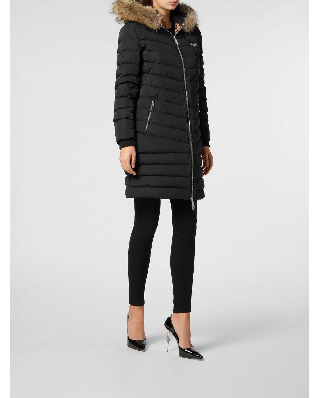 Philipp Plein Black Slim Fit Quilted Nylon Puffer Jacket With Hood And Fur Collar