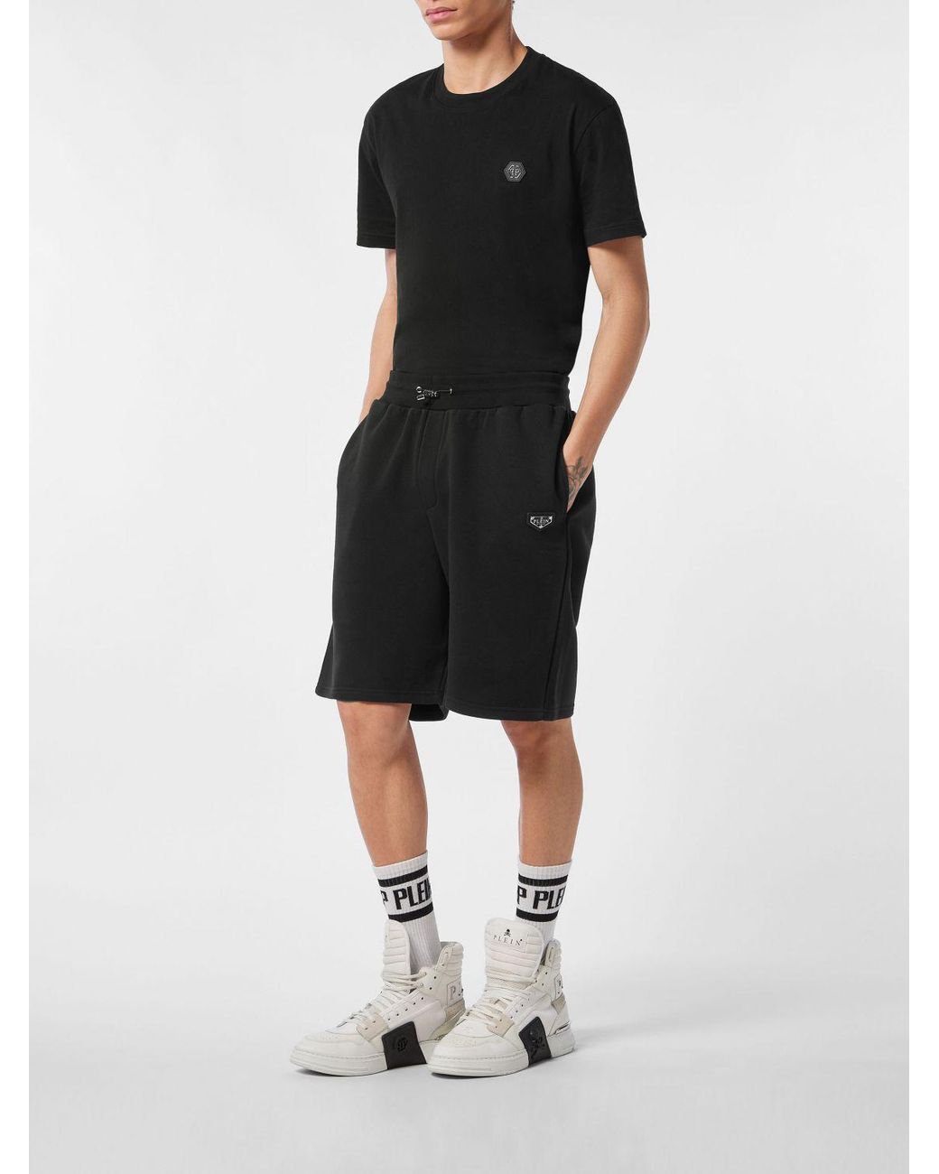 Philipp Plein Black Jersey Sport Shorts With Drawstring And Metallic Logo for men