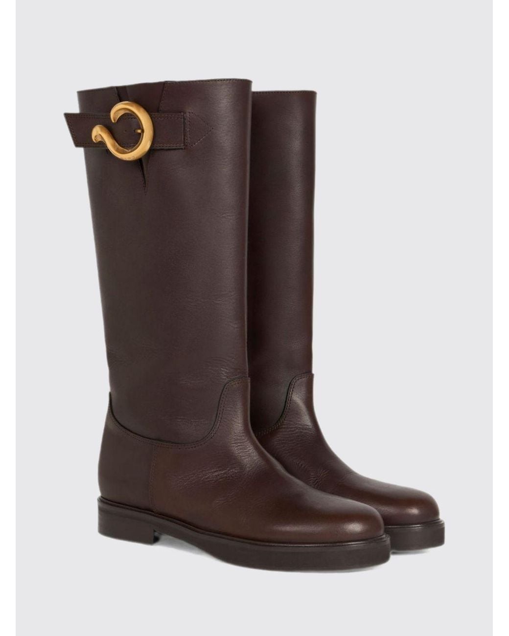 Etro Brown Calfskin Leather Knee-High Boots With Buckle Detail