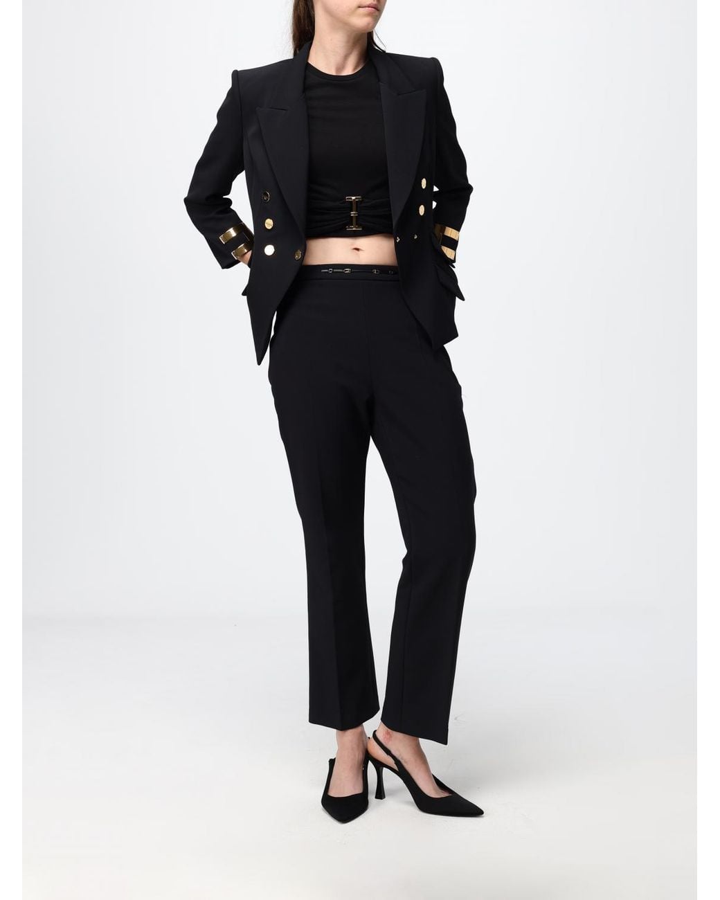 Elisabetta Franchi Black Cropped Cotton T-Shirt With Metal Logo Plaque