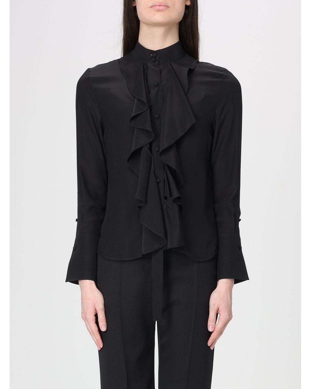 McQueen Black Elegant Silk Ruffled Shirt