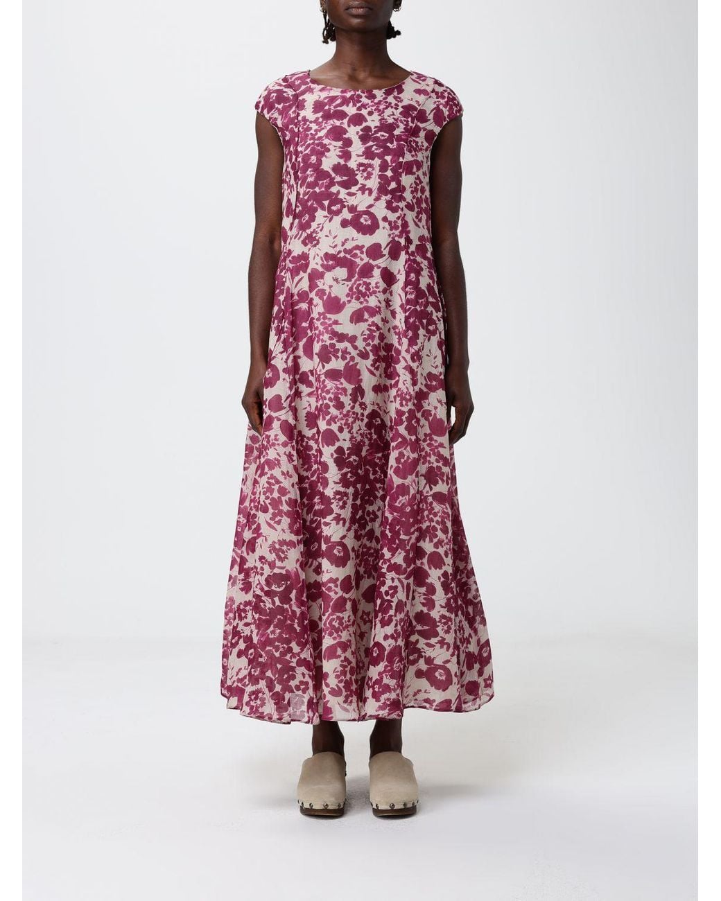 Max Mara Purple Ramie Midi Dress With Floral Print
