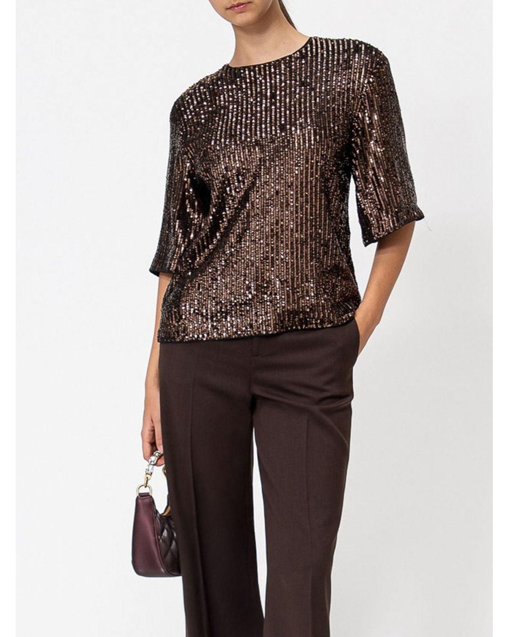 Twinset Brown Short-Sleeved Evening Top Fully Embroidered With Sequins