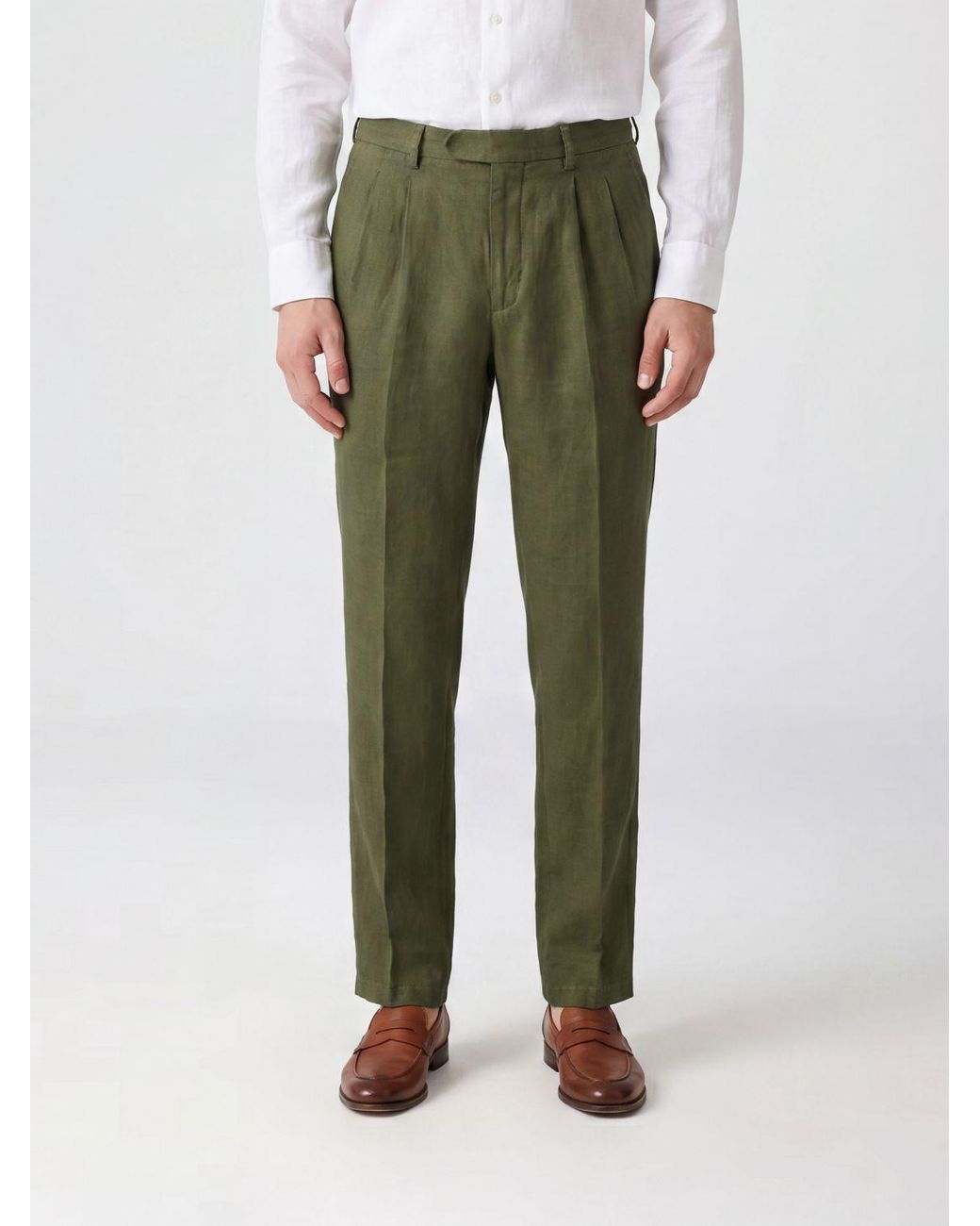 Boglioli Green Slim Fit Linen Tailored Trousers With Off-Centre Closure for men