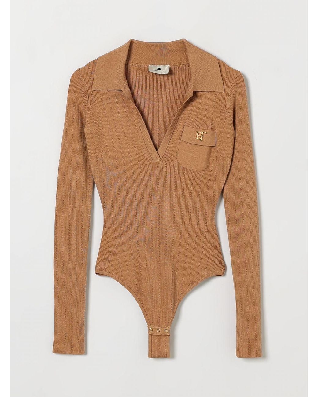 Elisabetta Franchi Natural Slim Fit Long-Sleeved V-Neck Bodysuit With Ruffles