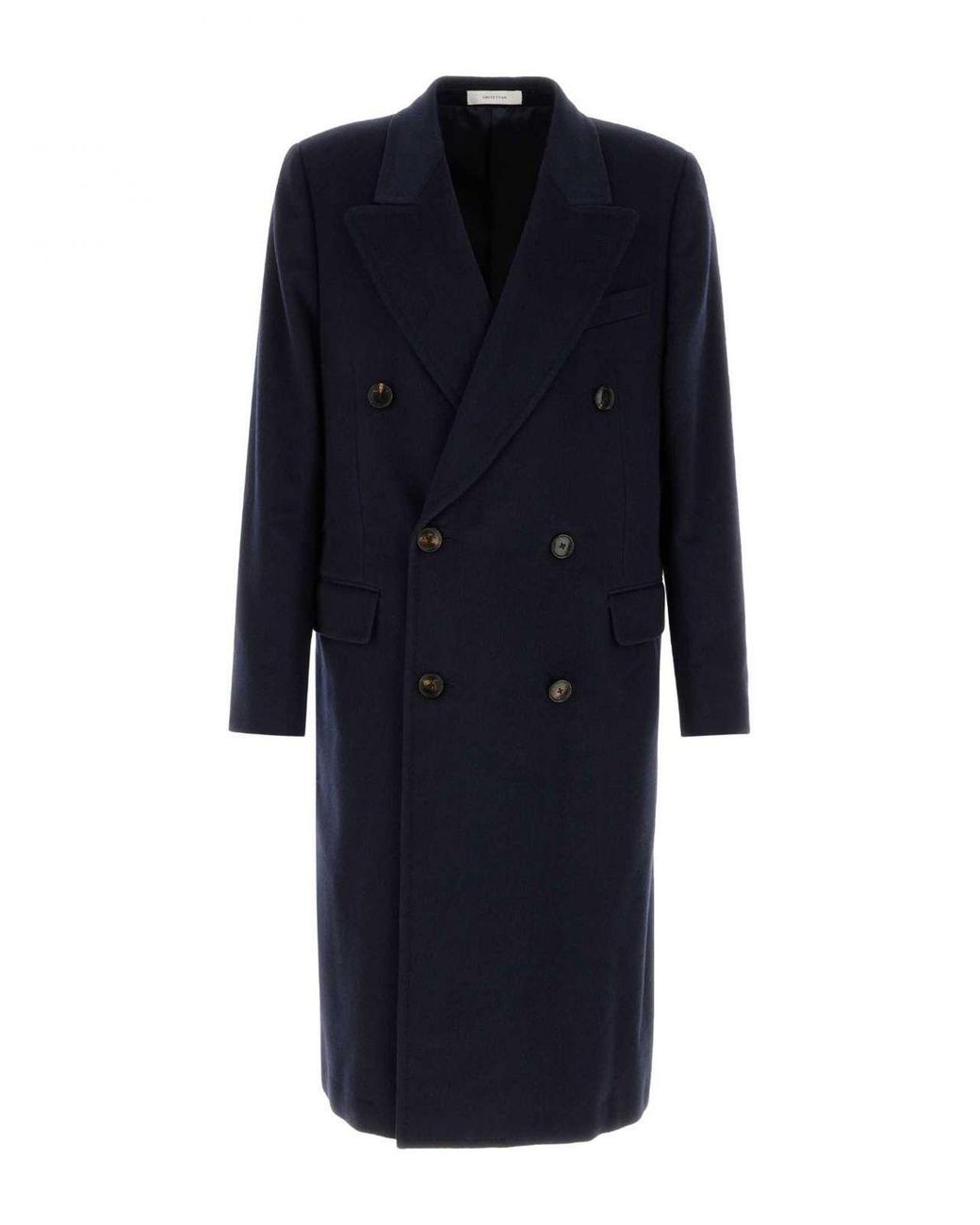 Umit Benan Blue Long Double-Breasted Pure Cashmere Coat With Classic Lapels for men