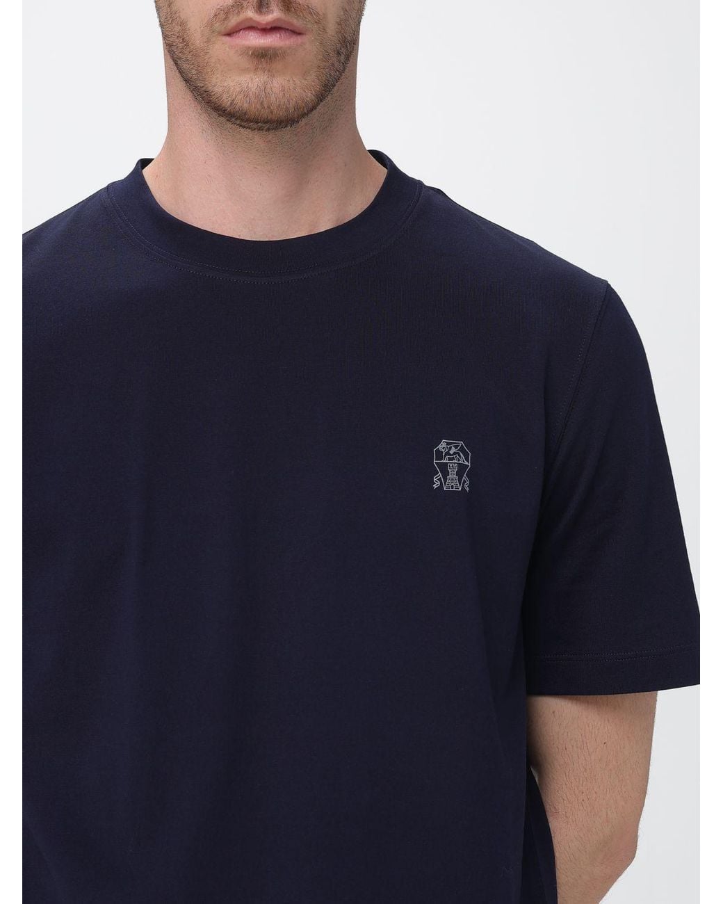 Brunello Cucinelli Blue Cotton Crew-Neck T-Shirt With Contrast Logo for men