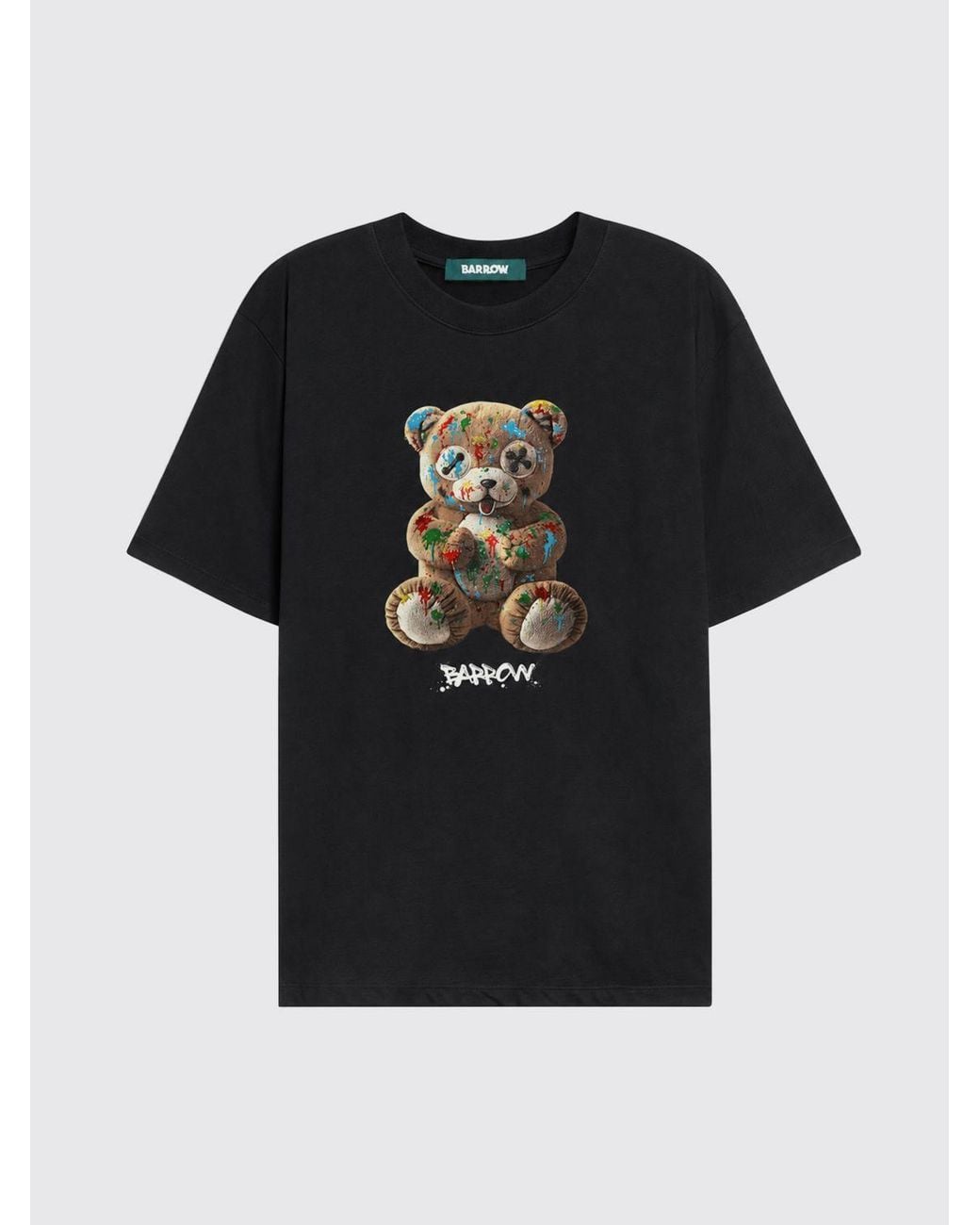 Barrow Black Cotton T-Shirt With Teddy Bear Print And Contrast Logo for men