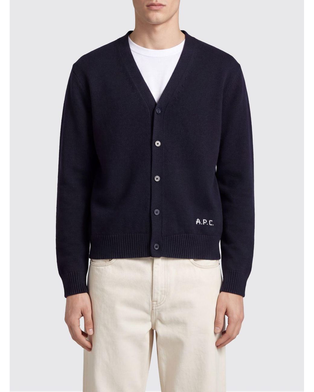 A.P.C. Blue V-Neck Pure Wool Cardigan With Contrast Logo for men