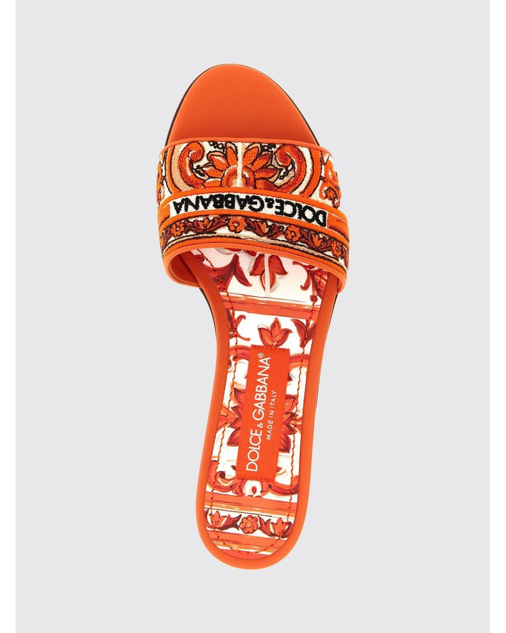 Dolce & Gabbana Orange Dolce &Amp Gabbana Majolica-Print Cotton Flat Sandals With Embroidered Logo