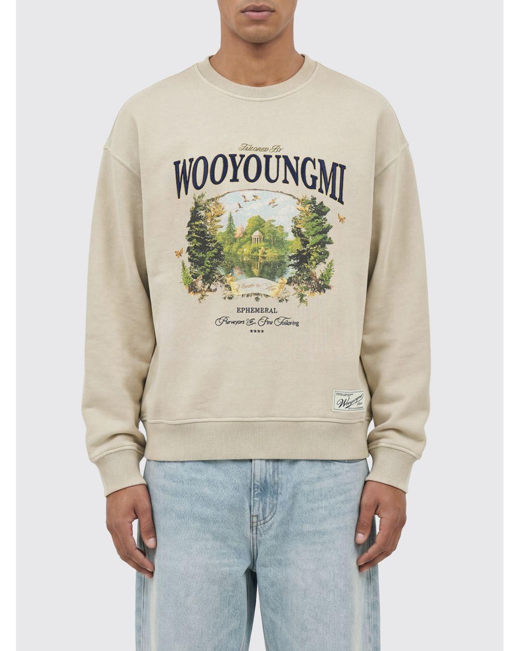 Wooyoungmi Natural Graphic-Print And Contrast-Logo Cotton Crewneck Sweatshirt for men