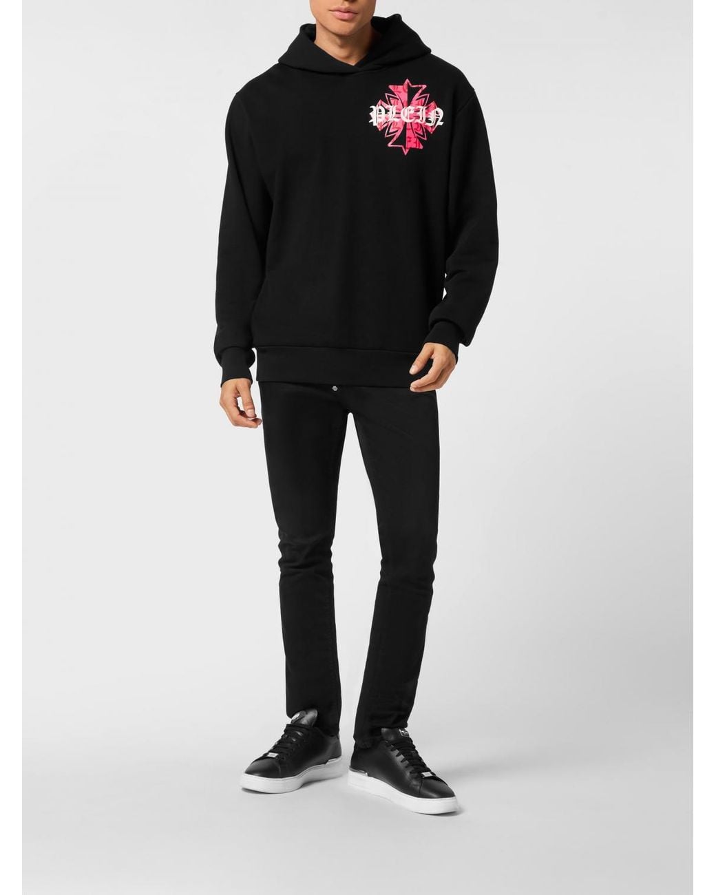 Philipp Plein Black Cotton Hoodie With Logo Print for men